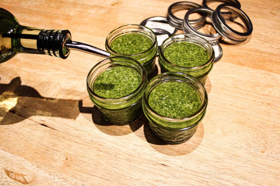 four jars of pesto with olive oil pouring over top of pesto, canning jar covers in background