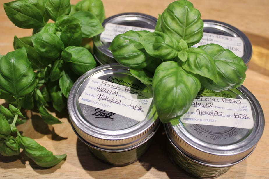 canning jars filled with pesto with label and fresh basil around the jars