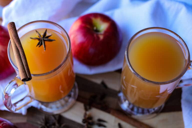 Hot mulled cider in two glass mugs with a single star anise in one glass and apples and spices on surface.