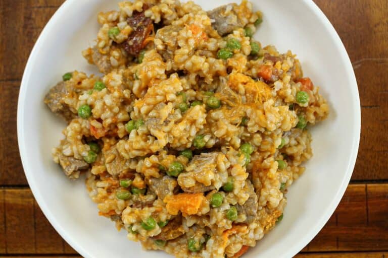 Cooked homemade dog food with stew beef, brown rice, carrots, sweet potato, and peas in a white bowl.