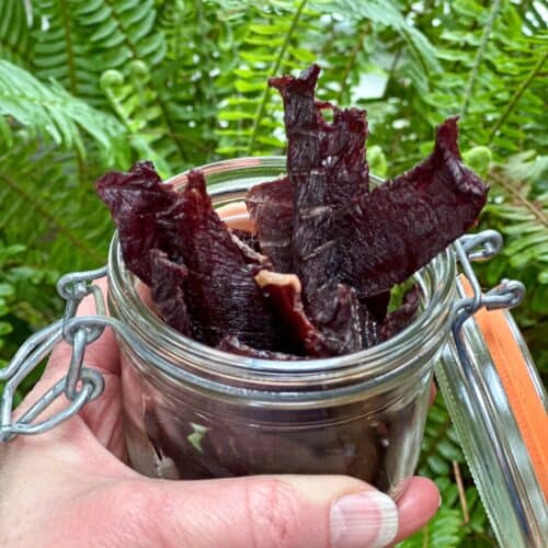 Beef jerky in a glass jar.