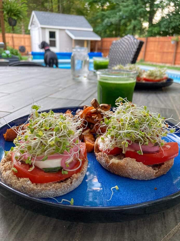 English muffins with slices of tomato, mozzarella cheese, and sprouts on top.