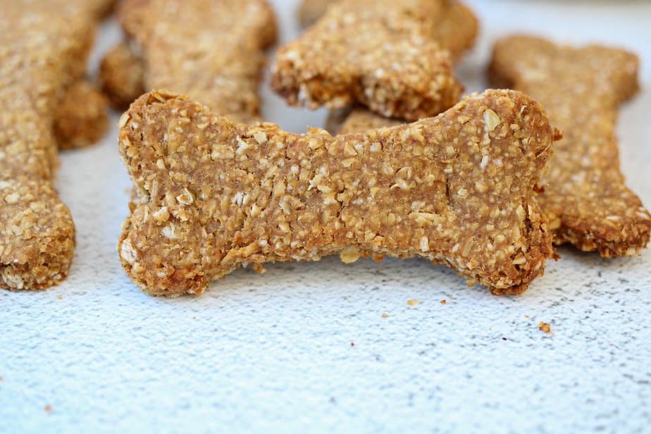 Peanut butter and banana dog bone shaped treat.