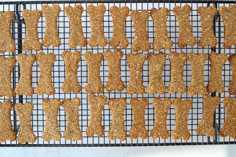 Baked dog bone shaped treats cooling on a wire rack.