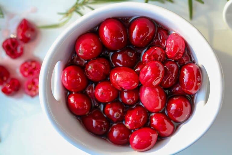 Whole fermented cranberries in a white ceramic bowl.