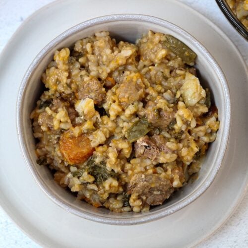 Homemade dog food with rice, beef, codfish, carrots, greens in a bowl.