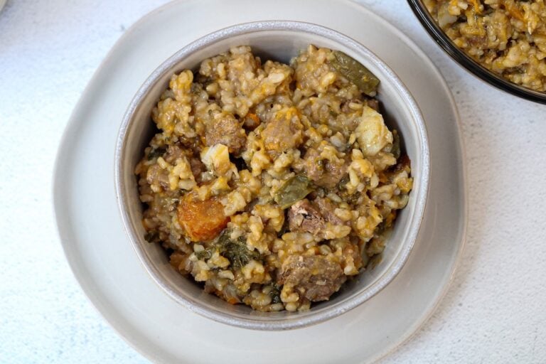 Homemade dog food with rice, beef, codfish, carrots, greens in a bowl.