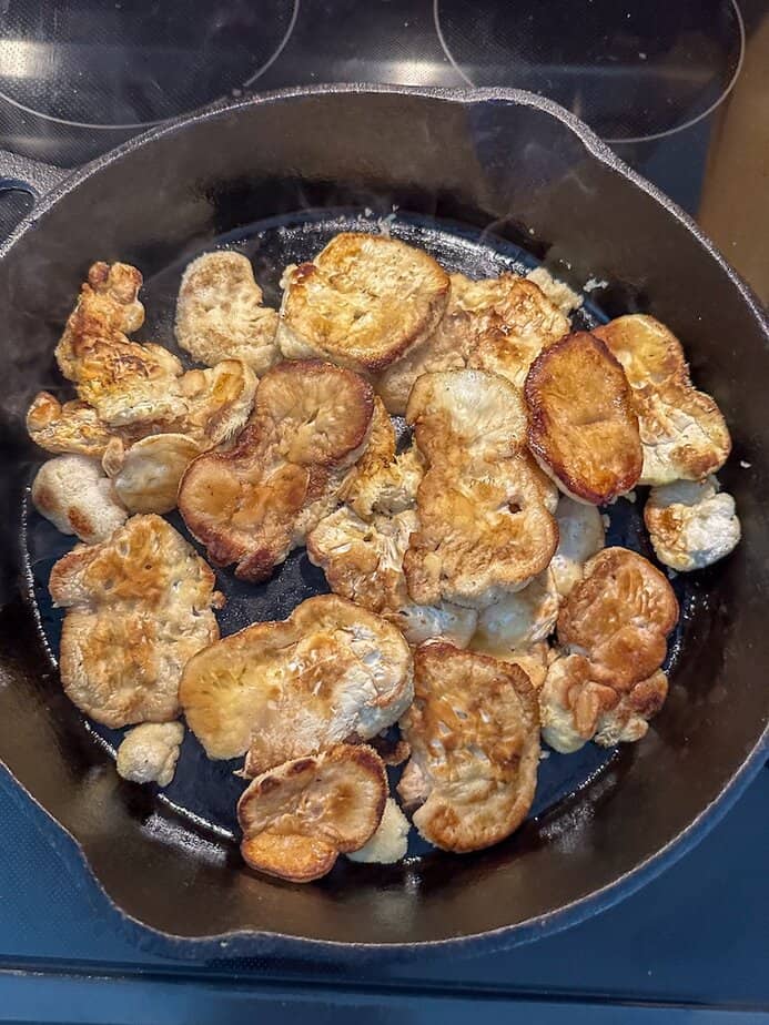 Lion's Mane mushroom steaks sautéing in a cast iron pan.