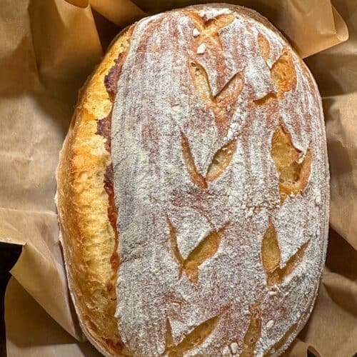Oblong shaped sourdough bread after baking.