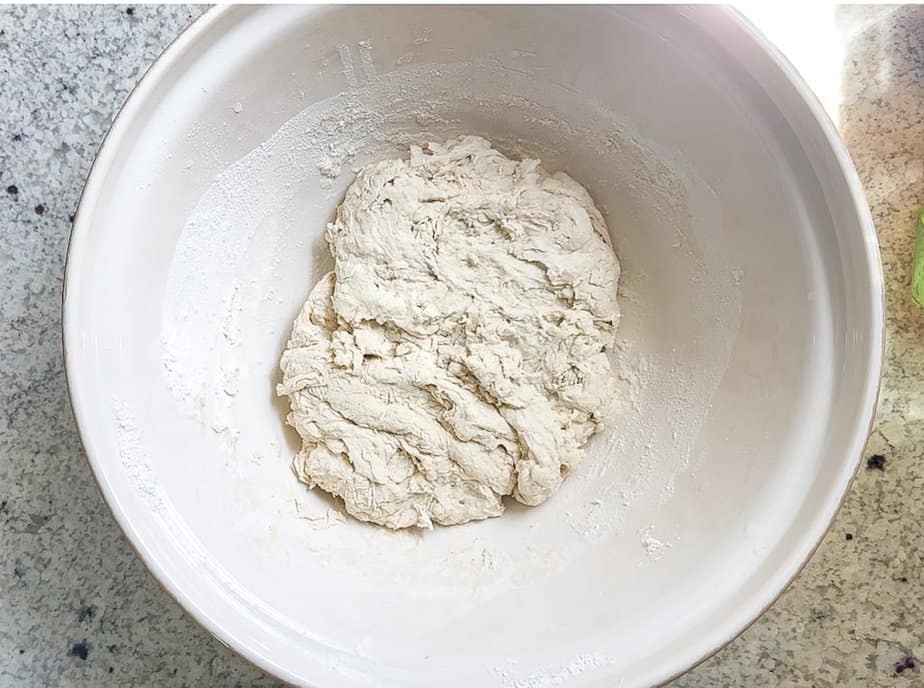 Sourdough in bowl after dough is mixed but before autolyse.