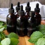 Lemon balm extract in small dark bottles with dropper lids.