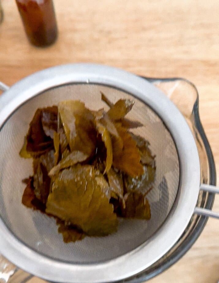 Lemon balm leaves in a strainer.