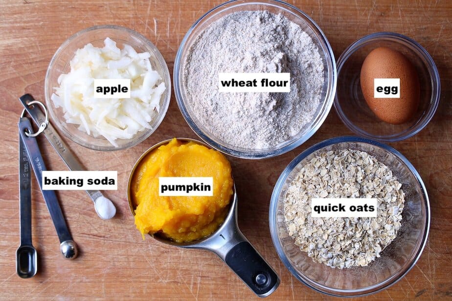 Ingredients for pumpkin apple dog treats.