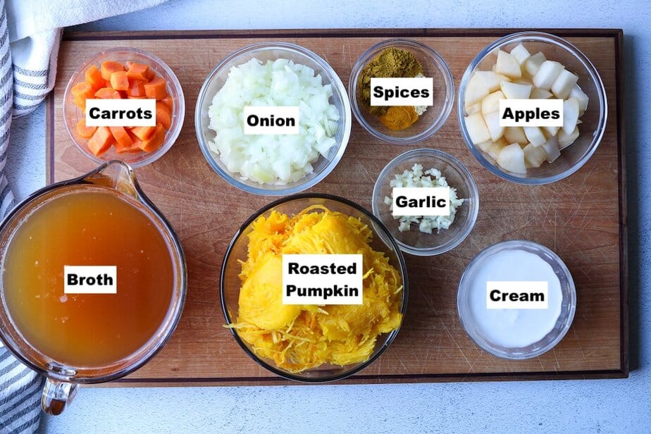 Ingredients for curried pumpkin soup.