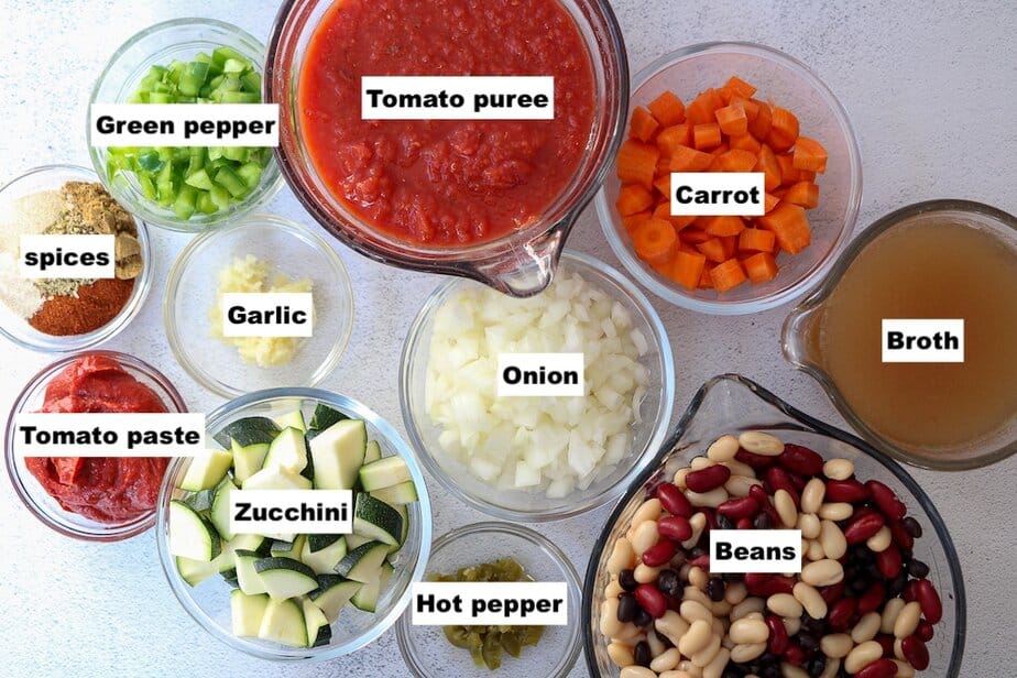 Ingredients for vegetarian chili with each ingredient in a bowl that is labeled.
