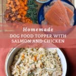 Pinterest pin with two images including ingredients and cooked dog food with text between images.