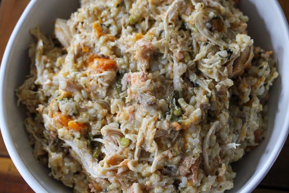 Homemade dog food with salmon, chicken and vegetables in a bowl.