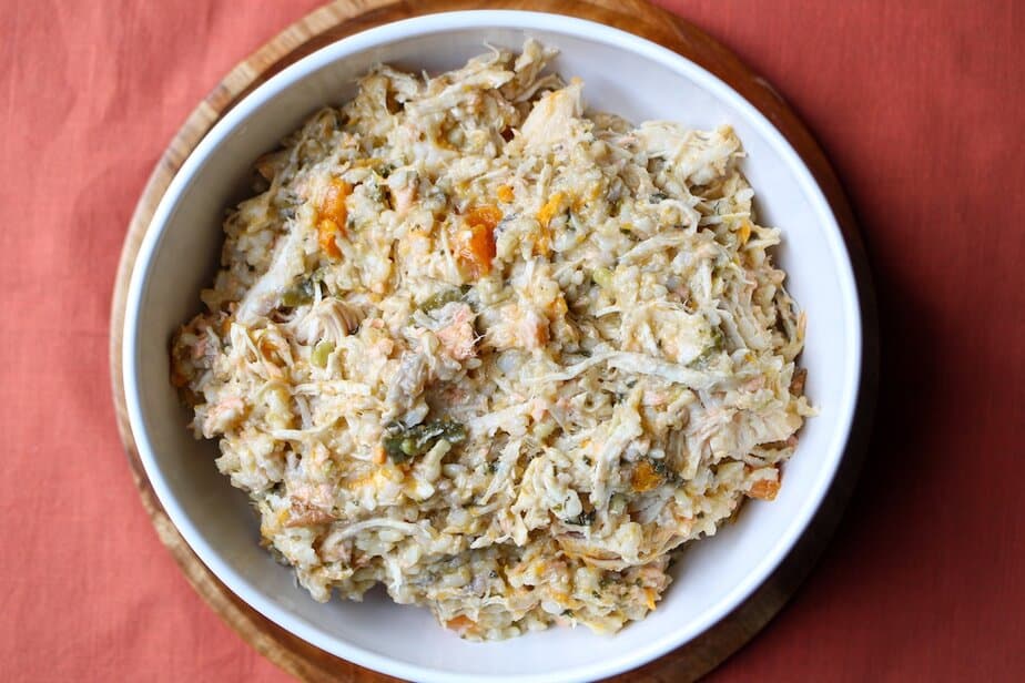 Homemade dog food with salmon, chicken and vegetables in a bowl.