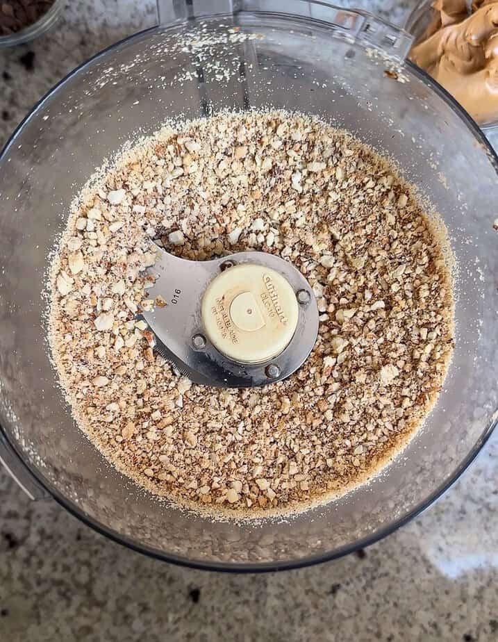 Ground nuts in food processor bowl.
