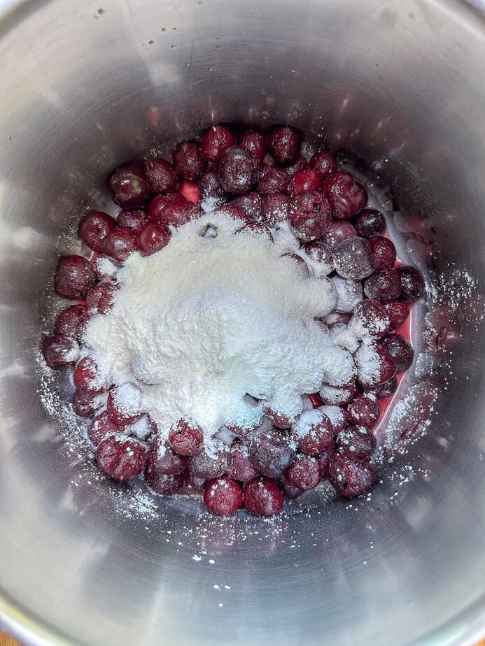 Cornstarch added to frozen in a pot.