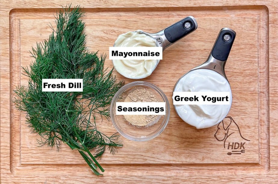 Labeled ingredients for dill dip.