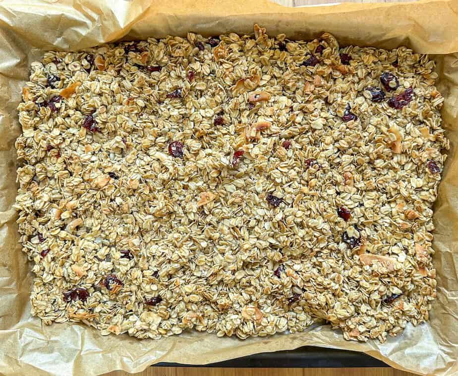 Granola on parchment paper.