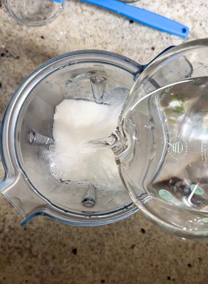 Ingredients for vanilla bean paste being added to blender container. 