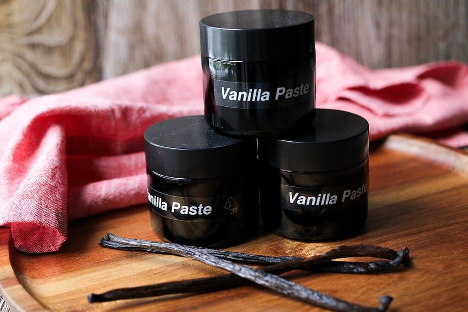 Vanilla bean paste in labeled jars. 